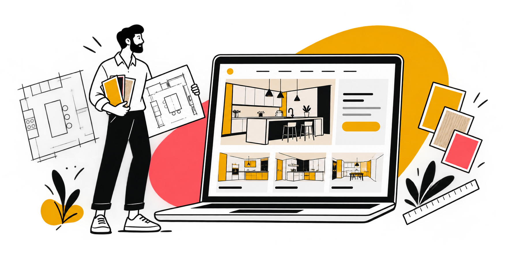 Illustration éditoriale d’un designer présentant un site portfolio, des plans et des échantillons de matériaux